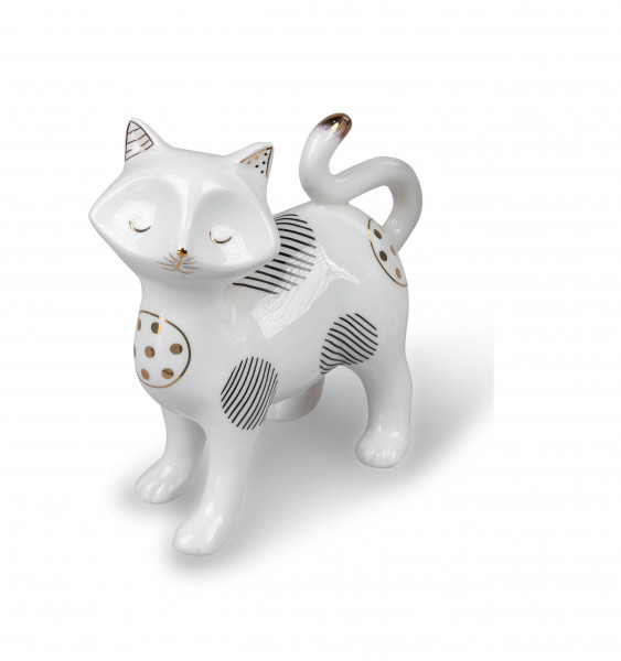 Sculpture decorative figure cat made of ceramic white and black, height 14 cm