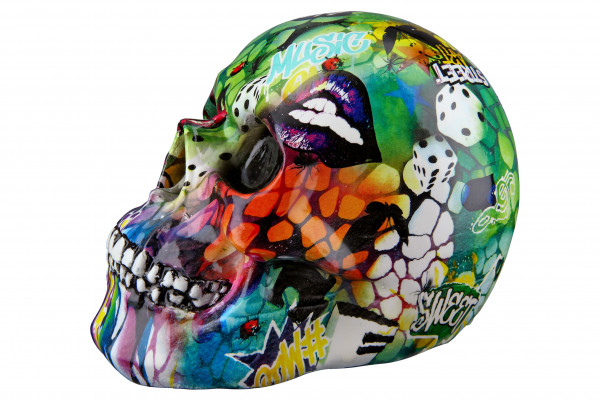 Modern sculpture decorative figure skull POP Art made of artificial stone multicolored 19x13 cm