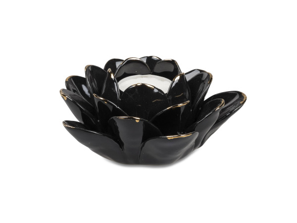 Moderner Teelichthalter Teelichtleuchte in Form einer Rose aus Keramik schwarz/gold Ø 13 cm