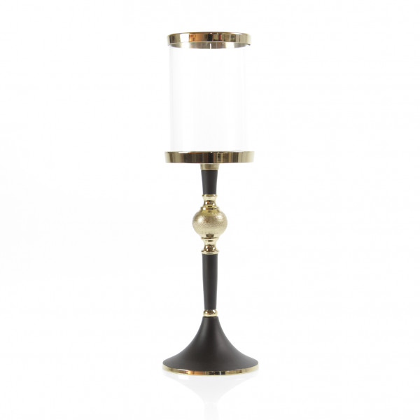 Modern lantern candlestick made of aluminum and glass black/gold height 48 cm diameter 11 cm
