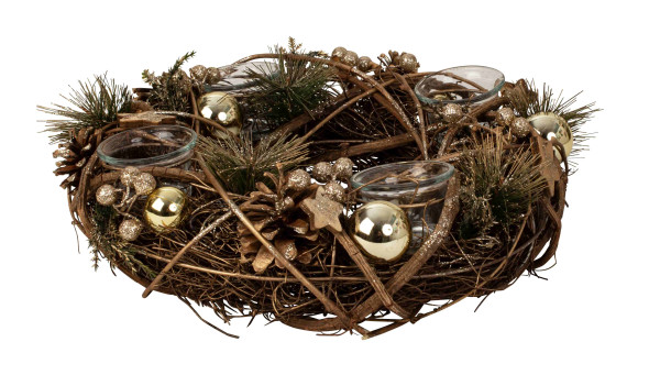 Christmas Advent wreath made of several materials round with gold/brown decoration for tea lights diameter 34 cm