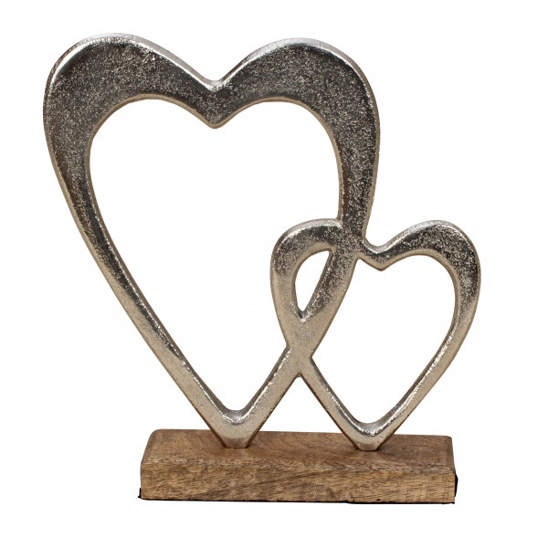 Modern sculpture decorative figure heart made of aluminum on a wooden base silver/brown 20x23 cm
