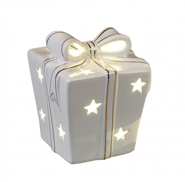 Weihnachtliches Deko Geschenkpaket weiß/gold inklusive LED Beleuchtung und Timer 7x10 cm
