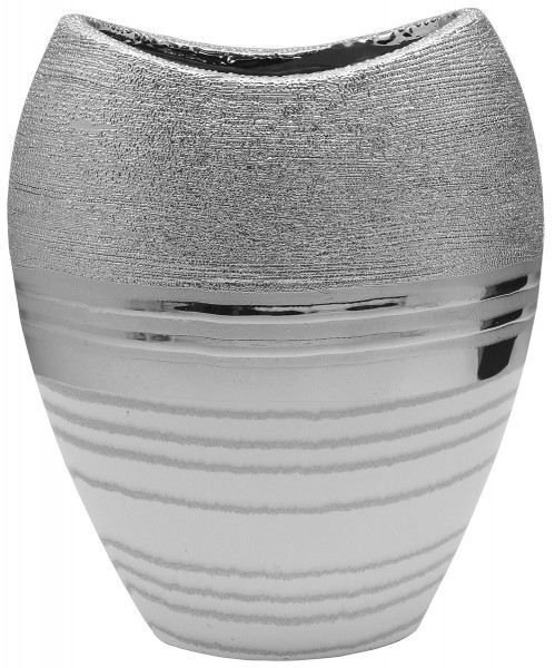 Moderne Dekovase Blumenvase Tischvase Vase aus Keramik weiß/silber 18x21 cm