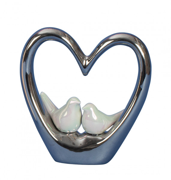 Modern sculpture decoration figure heart made of ceramic silver with 2 white birds 14x15 cm