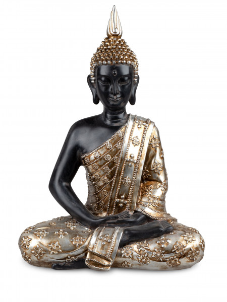 Moderne Skulptur Dekofigur Buddha aus Kunststein Gold/Schwarz Höhe 41 cm Breite 27 cm