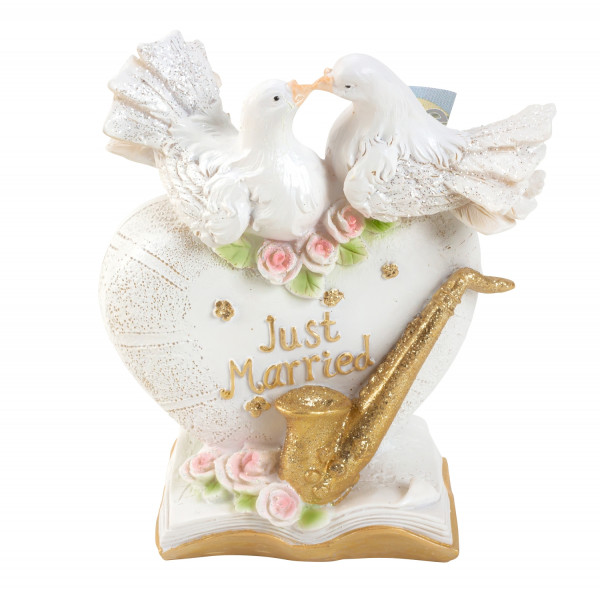 Beautiful money box piggy bank decorated with doves for wedding white / gold 13x15 cm