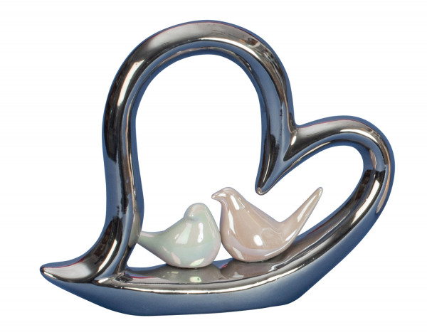 Moderne Skulptur Dekofigur Herz aus Keramik silber mit 2 weißen Vögeln 22x19 cm