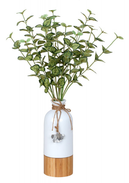 Moderne Dekovase Blumenvase Tischvase Vase aus Keramik und Holz weiß/braun Höhe 21 cm