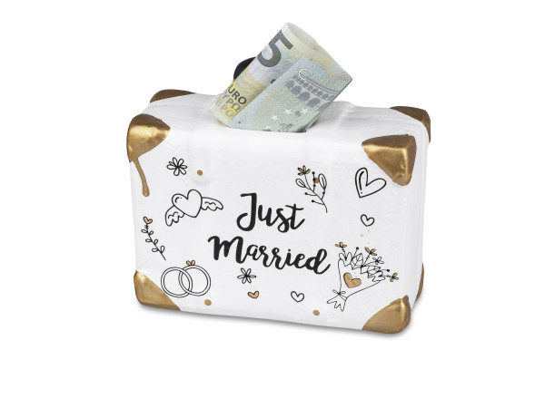 Modern money box piggy bank Just married for wedding made of ceramic white 15x13 cm