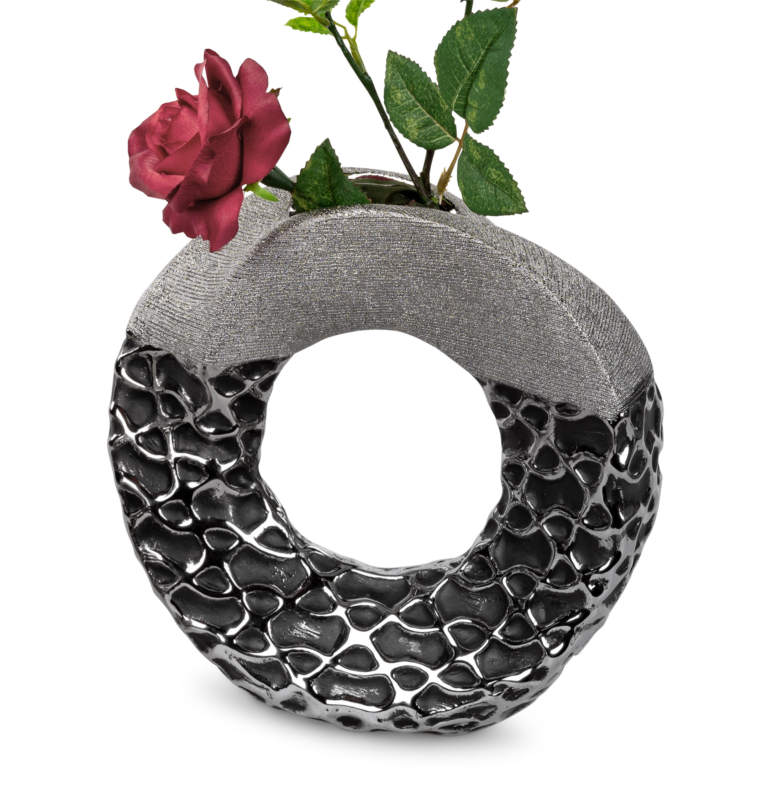 Moderne Dekovase Blumenvase Tischvase Vase aus Keramik schwarz/silber 13x30 cm 