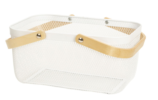 Aufbewahrungskorb mit Henkel für Kleidung Deko oder Accessoires weiß aus Stahl und Holz 37x24x18 cm