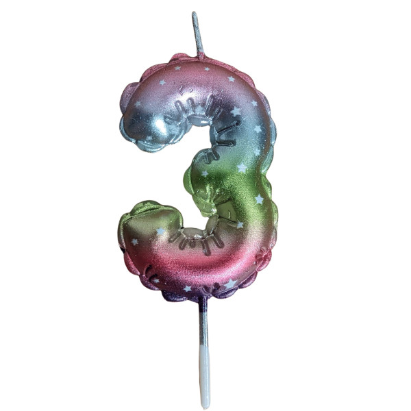 Geburtstagskerzen Ballonmuster in Regenbogenfarben Zahl 3 Höhe 8 cm