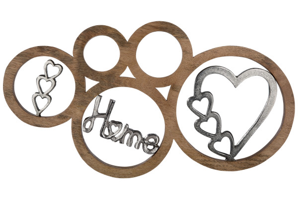 Modern wall decoration wall sculpture circles with saying and heart brown made of mango wood and aluminum 55x30 cm
