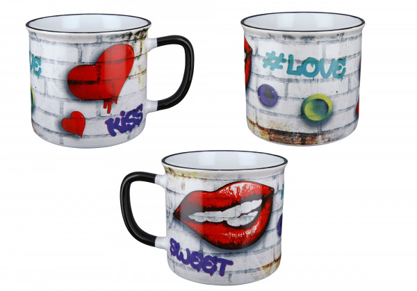 3er Set Tassen Kaffeetassen im Street Style Look aufwendig gestaltet aus Keramik 10x13x9 cm (Weiß)
