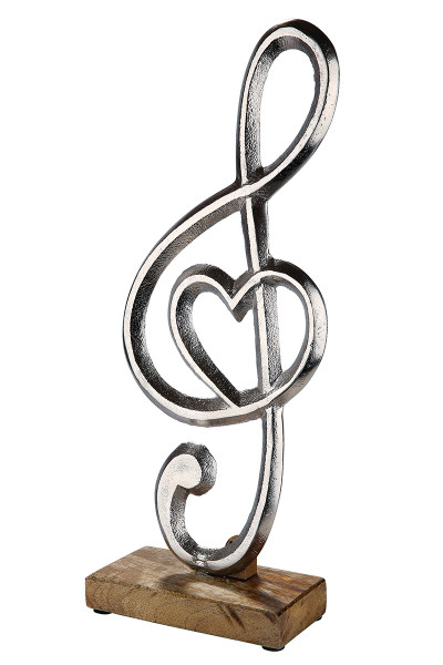 Modern sculpture decoration figure clef made of aluminum on base made of mango wood silver / brown 15x39 cm