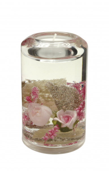 Moderner Teelichthalter Windlichthalter mit Blumen rosa/gold aus Glas Höhe 12 cm