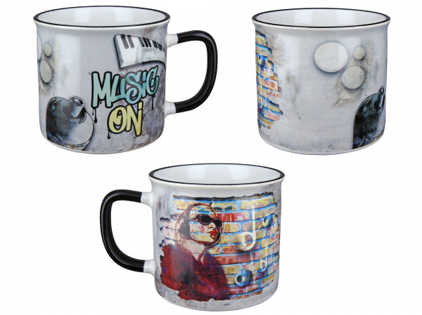 3er Set Tassen Kaffeetassen im Street Style Look aufwendig gestaltet aus Keramik 10x13x9 cm (Silber)