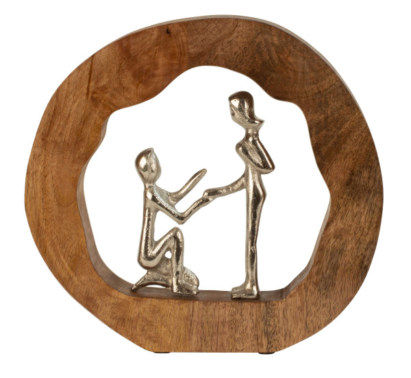 Skulptur Dekofigur Hochzeitsantrag Liebespaar aus Metall in Ring aus Holz 30x28 cm