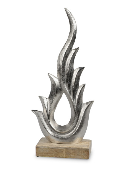 Moderne Skulptur Dekofigur Flame aus Aluminium auf Sockel aus Mangoholz Silber/braun 24x54 cm