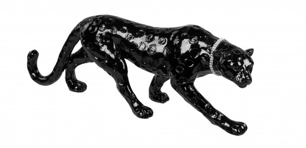 Moderne Skulptur Dekofigur Leopard aus Kunststein schwarz mit silbernem Halsband Länge 47 cm
