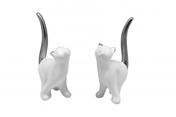 Moderne Skulptur Dekofigur Katze 2 Stück aus Keramik weiß/silber 9x16 cm