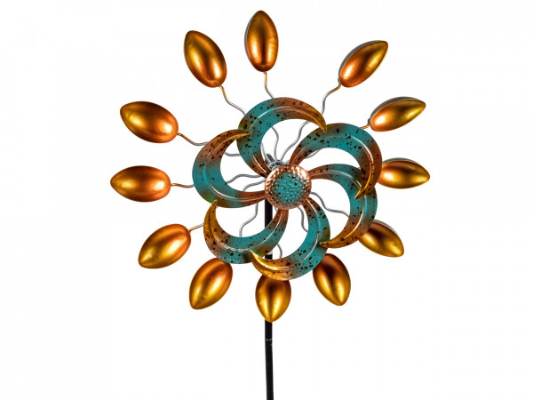 Windrad Windspiel Blume als Gartenstecker aus Metall blau gold Länge 132 cm Durchmesser 38 cm