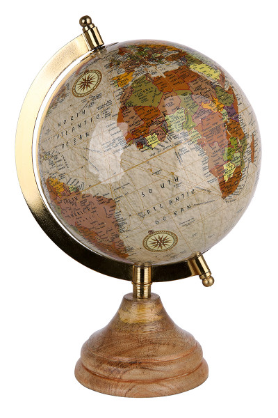 Noble globe made of metal including a foot made of mango wood Height 28cm Diameter 15 cm Educational, geographical