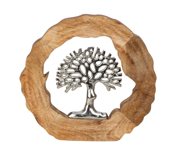 Modern sculpture deco figure tree of life in a circle made of aluminum on a wooden base silver/brown D 26 cm