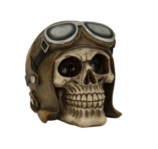 Skull with aviator hat &amp; glasses made of artificial stone, height 13 cm