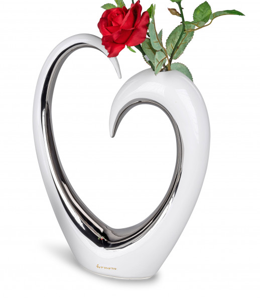 Moderne Dekovase Blumenvase Tischvase Vase in Herzform aus Keramik weiß/silber 23x32 cm