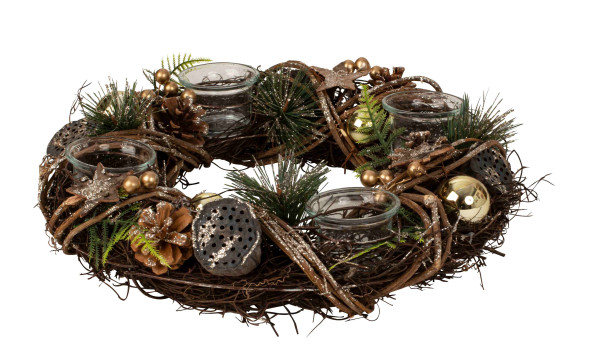 Christmas Advent wreath made of several materials round with gold/brown decoration for tea lights diameter 33 cm