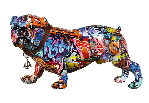 Moderne Skulptur Dekofigur Mops Hund POP ART aus Kunststein Mehrfarbig 18x38 cm