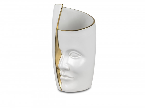 Moderne Dekovase Blumenvase Tischvase Vase aus Keramik weiß und gold 15x28 cm