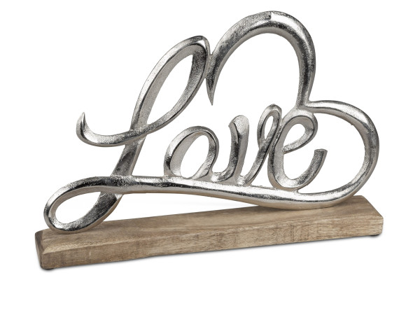 Moderner Schriftzug Aufsteller Dekofigur LOVE mit Herz Silber auf Mangoholz 33x22 cm