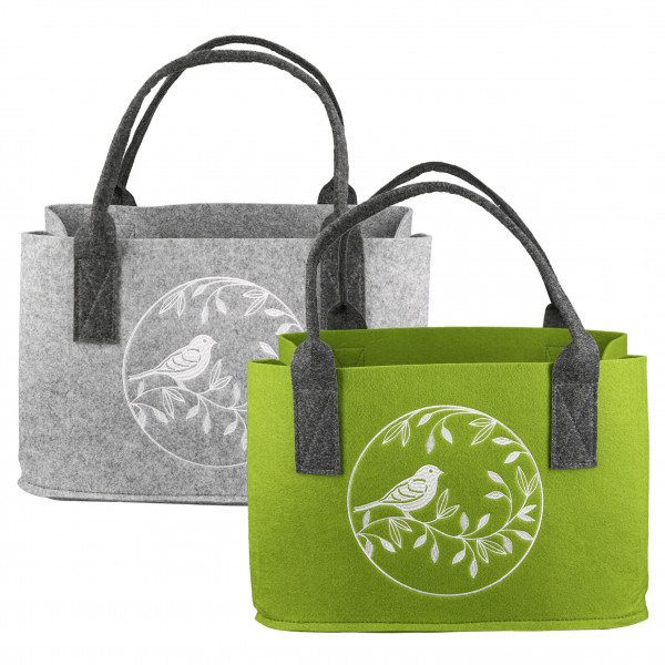 Praktische Shopping-Bag Tasche Vogel aus Filz-Stoff grau oder grün Einkaufstasche mit Henkel vielsei