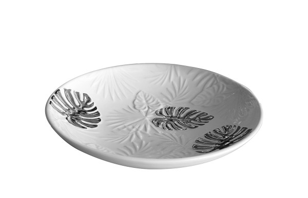Moderne Dekoschale Obstschale aus Keramik weiß/silber 25x34 cm