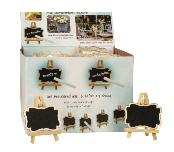 Mini-Staffelei Set mit Holz-Tafel im Display Setpreis 6 Tafeln und eine Kreide Höhe 9 cm Breite 7 cm