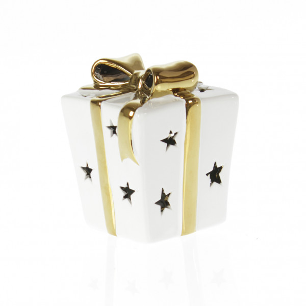 Weihnachtliches Deko Geschenkpaket weiß/gold inklusive LED Beleuchtung 8x9 cm