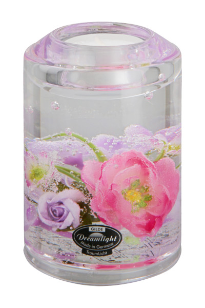 Modern tea light holder lantern with flowers pink made of glass height 11 cm
