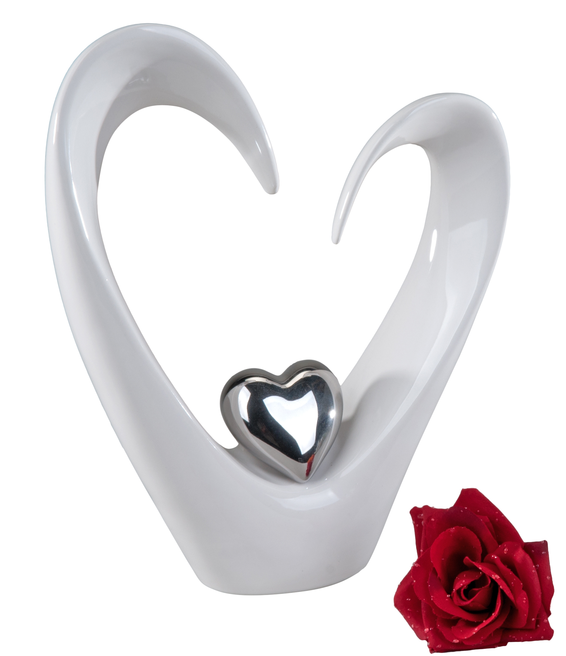 Moderne Skulptur Dekofigur Herz aus Keramik weiß und Silber 29x21 cm