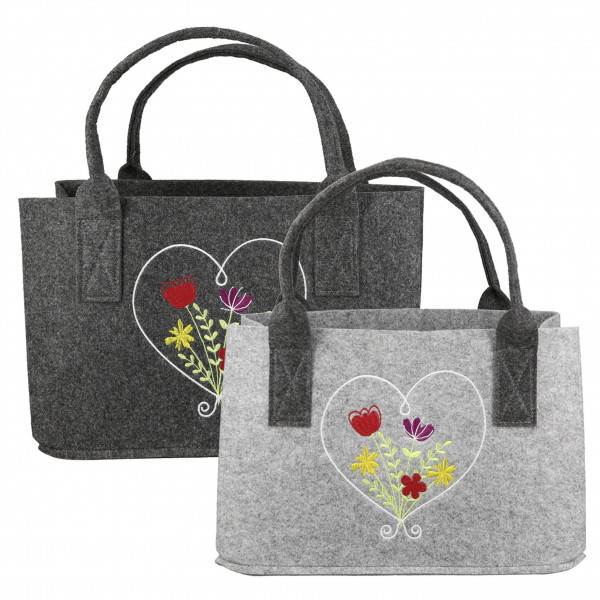 Praktische Shopping-Bag Tasche Flower aus Filz-Stoff grau oder schwarz Einkaufstasche mit Henkel vie