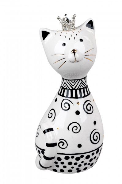 Moderne Skulptur Dekofigur Katze mit Krone aus Keramik schwarz/weiß Höhe 16 cm