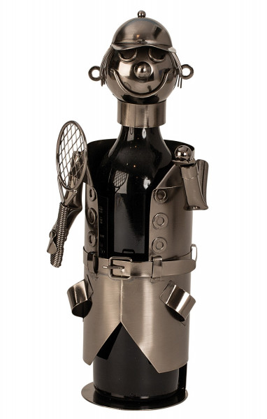 Moderner Wein Flaschenhalter Flaschenständer Tennisspieler aus Metall in silber Höhe 32 cm