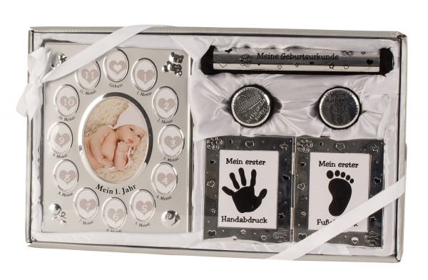 Baby Set in silver, including photo frames my first year, 2 doses, 1 tube and plaster 26x44 cm