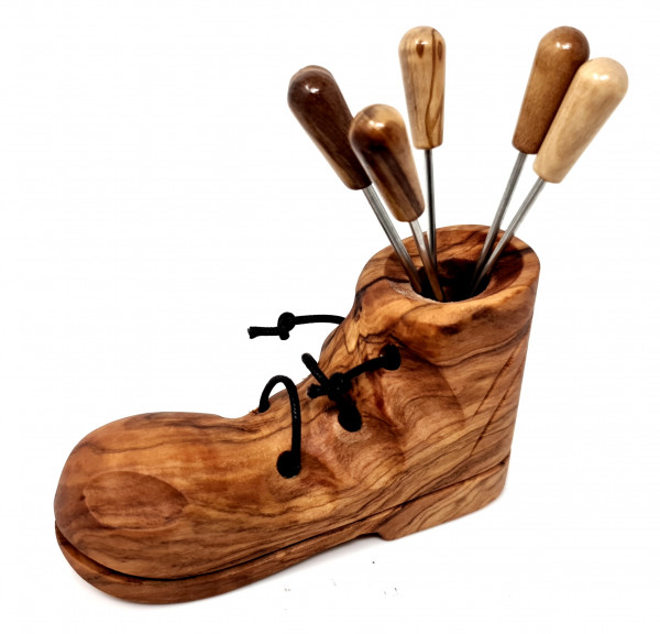 Fonduegabeln 6 Stück mit Griff aus Olivenholz inklusive passender Aufbewahrung in Form eines Schuhs