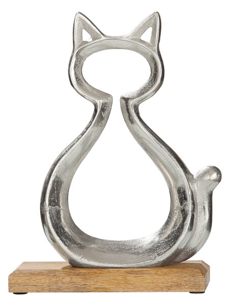 Skulptur Dekofigur Katzenfigur Katzen aus Aluminium und Mangoholz Silber Höhe 28,5 cm Breite 20,5 cm