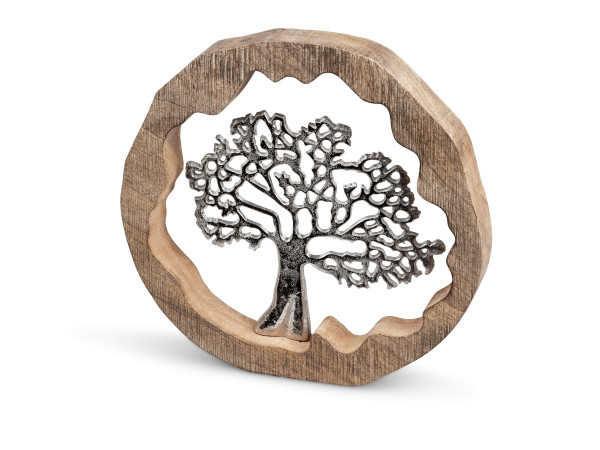 Modern sculpture decoration figure tree of life in a circle made of aluminum on a base made of mango wood silver / brown D 30 cm