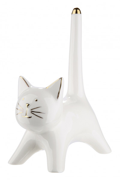 Skulptur Dekofigur Katze aus Porzellan weiß und gold Höhe 22 cm Länge 14 cm