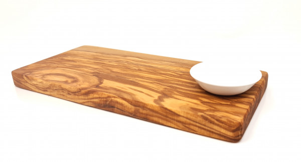 Servierbrett Servierplatte aus hochwertigem Olivenholz inklusive Dipschale | Vesperbrett | 28x13 cm